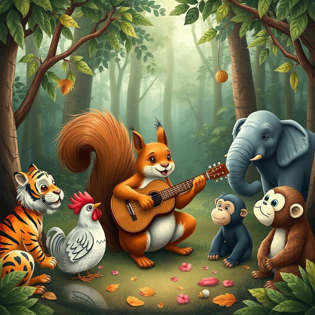 A whimsical scene of a squirrel playing a guitar in the middle of a lush forest