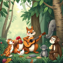 A whimsical scene of a squirrel playing a guitar in the middle of a lush forest