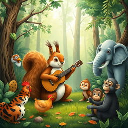 A whimsical scene of a squirrel playing a guitar in the middle of a lush forest