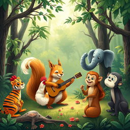 A whimsical scene of a squirrel playing a guitar in the middle of a lush forest