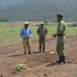 A soldier, dressed in uniform, collaboratively farming with local farmers. In their midst, a dam is under construction.