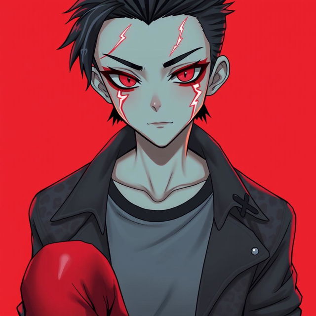 A male character with red eyes and eye liner under his eye lids