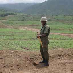 A soldier, dressed in uniform, collaboratively farming with local farmers. In their midst, a dam is under construction.