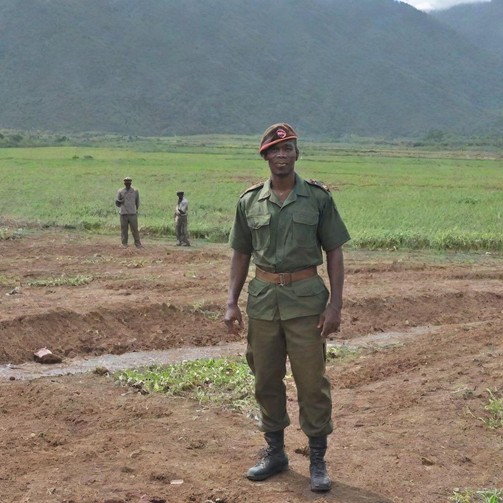 A soldier, dressed in uniform, collaboratively farming with local farmers. In their midst, a dam is under construction.