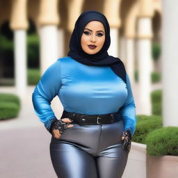 A voluptuous, chubby, plump Arabic woman wearing a skintight blue silk blouse, tight satin black pants, alluring grey silk gloves, and a silk hijab