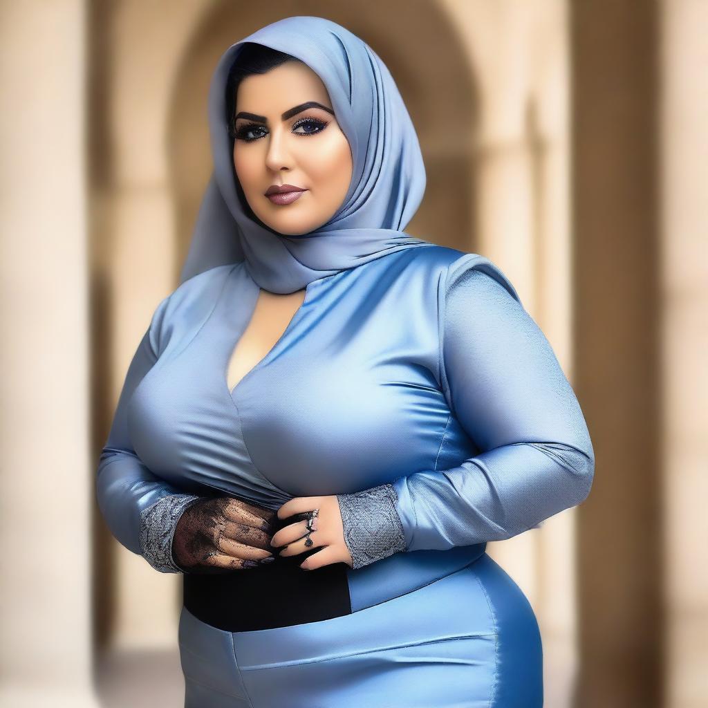 A voluptuous, chubby, plump Arabic woman wearing a skintight blue silk blouse, tight satin black pants, alluring grey silk gloves, and a silk hijab