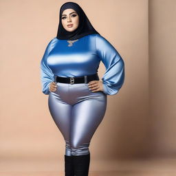 A voluptuous, chubby, plump Arabic woman wearing a skintight blue silk blouse, tight satin black pants, alluring grey silk gloves, and a silk hijab