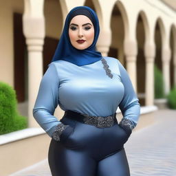 A voluptuous, chubby, plump Arabic woman wearing a skintight blue silk blouse, tight satin black pants, alluring grey silk gloves, and a silk hijab