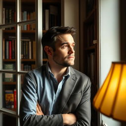 A charismatic man, around 40 years old, looking out of a Chelsea window