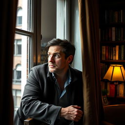 A charismatic man, around 40 years old, looking out of a Chelsea window