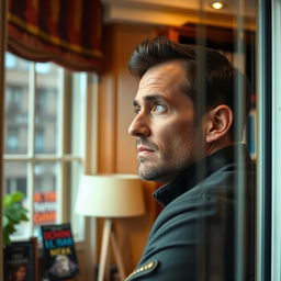 A charismatic man, around 40 years old, looking out of a Chelsea window