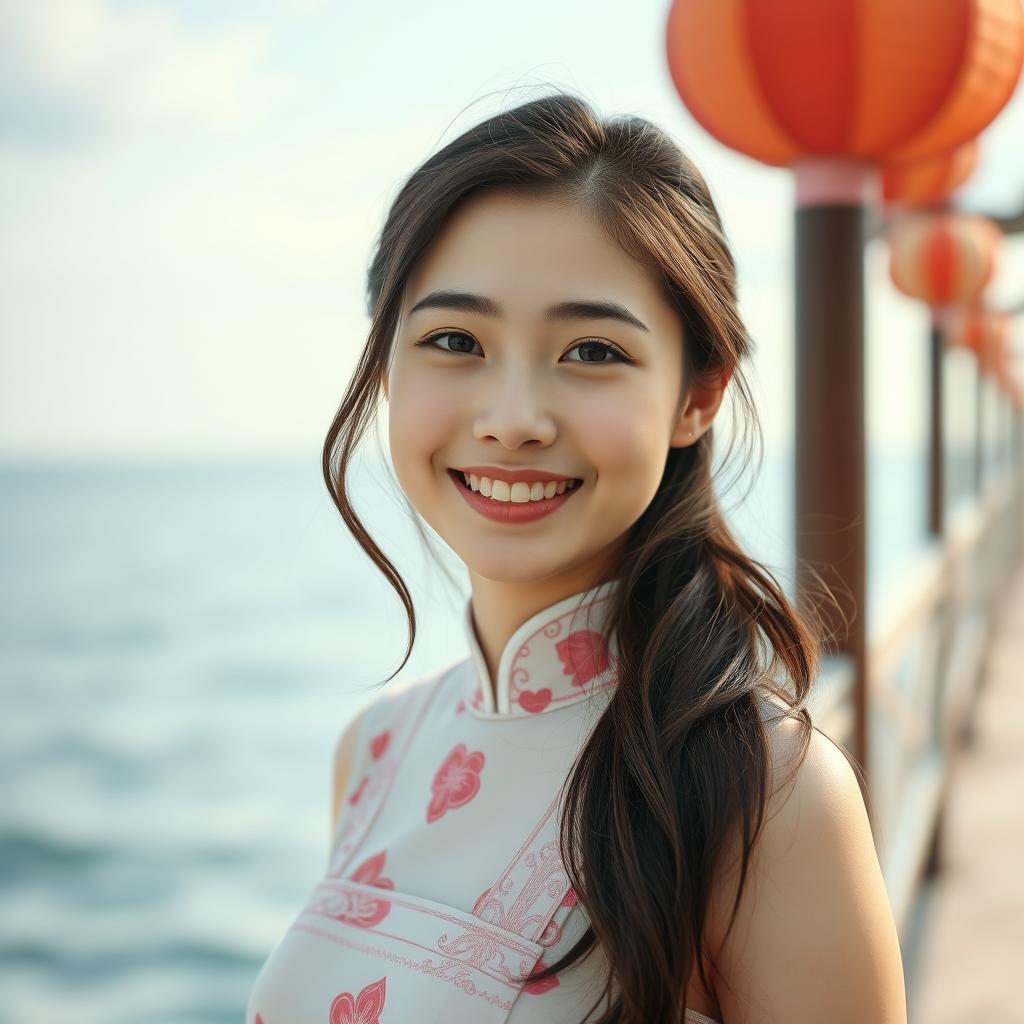 A panoramic, dolly zoom, HDR, portrait of a smiling and charming young woman in a lifestyle photo