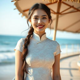 A panoramic, dolly zoom, HDR, portrait of a smiling and charming young woman in a lifestyle photo