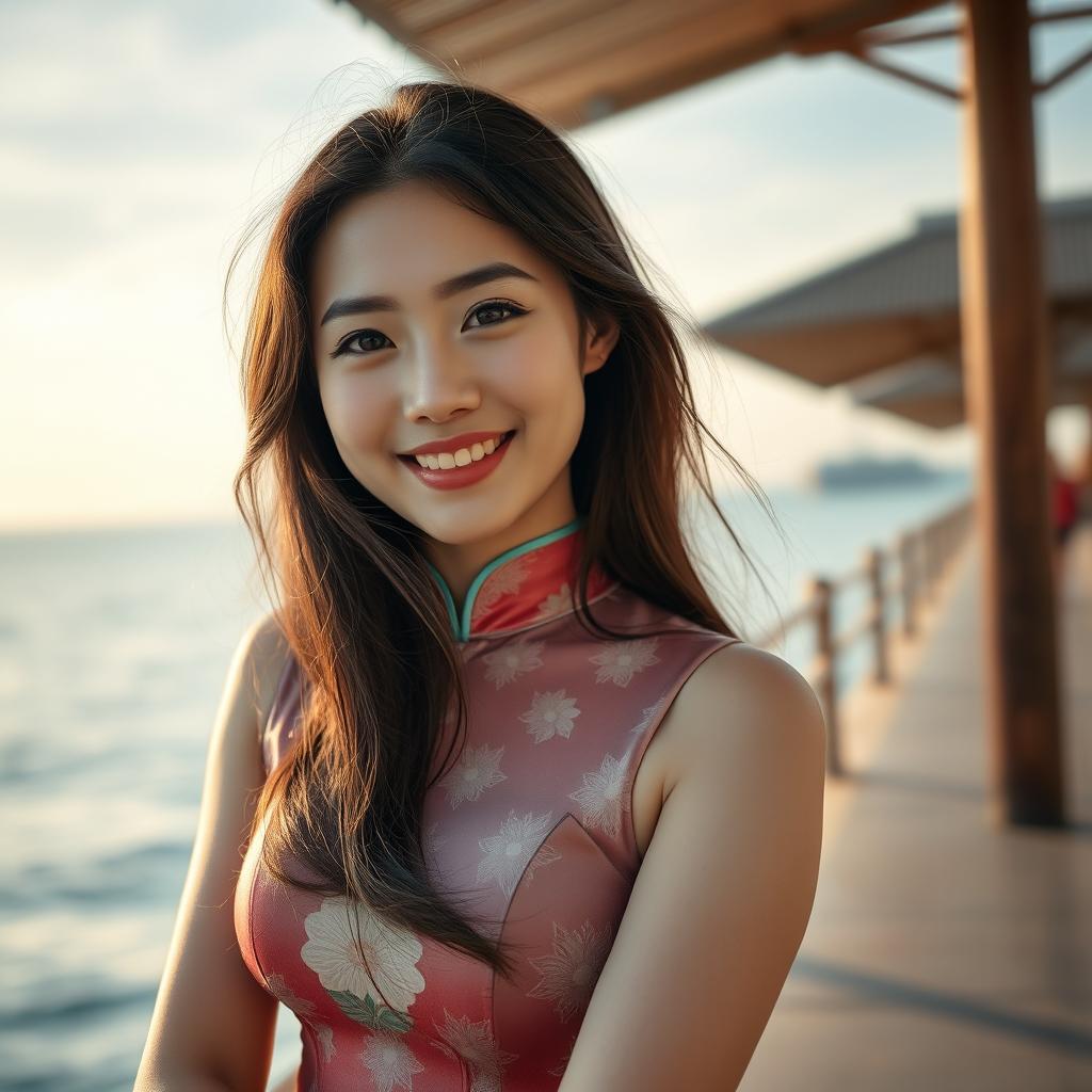 A panoramic, dolly zoom, HDR, portrait of a smiling and charming young woman in a lifestyle photo