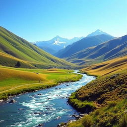 A serene landscape featuring a clear blue sky, rolling green hills, and a sparkling river flowing through the valley