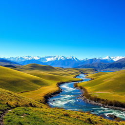 A serene landscape featuring a clear blue sky, rolling green hills, and a sparkling river flowing through the valley