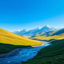 A serene landscape featuring a clear blue sky, rolling green hills, and a sparkling river flowing through the valley