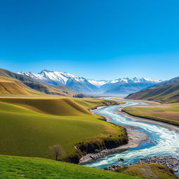 A serene landscape featuring a clear blue sky, rolling green hills, and a sparkling river flowing through the valley