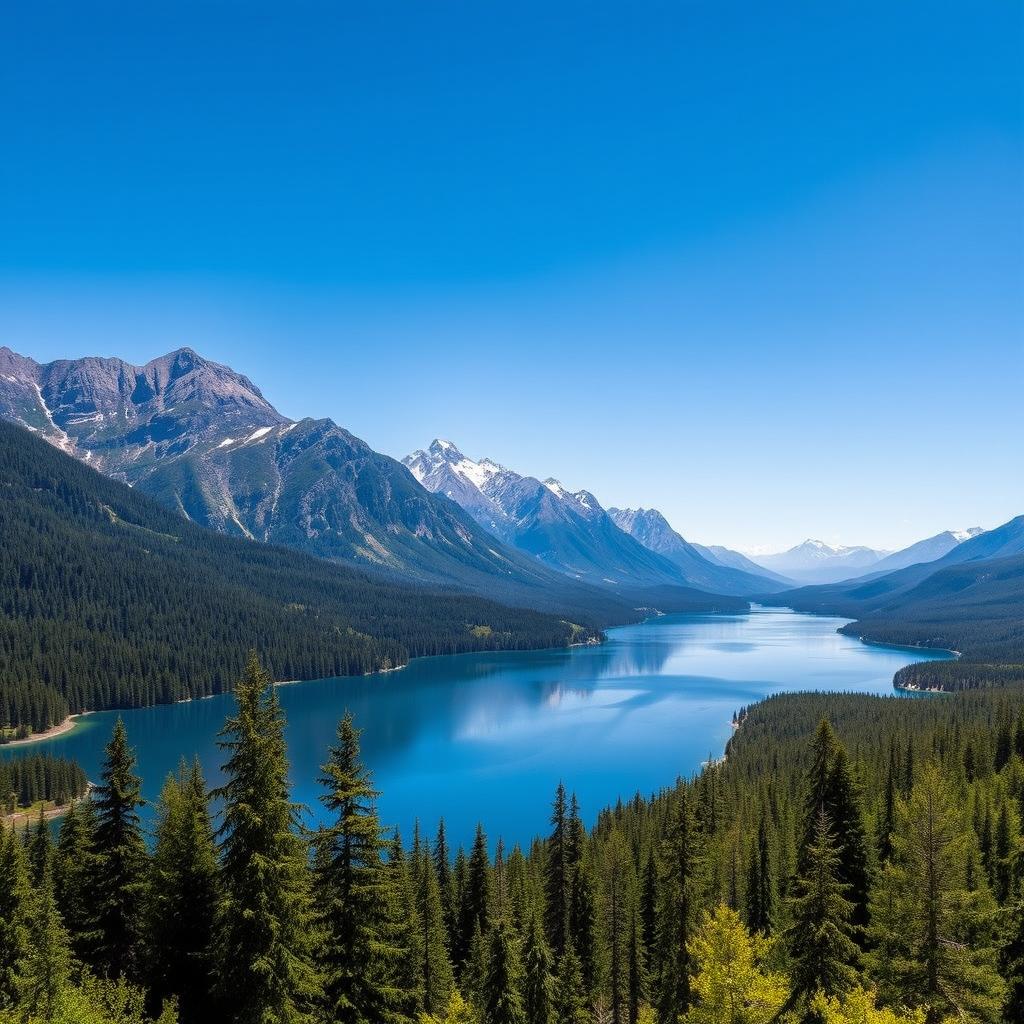 A beautiful landscape featuring a serene lake surrounded by lush green forests and majestic mountains in the background under a clear blue sky