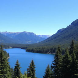 A beautiful landscape featuring a serene lake surrounded by lush green forests and majestic mountains in the background under a clear blue sky