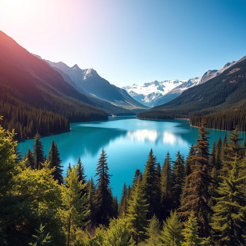 A beautiful landscape featuring a serene lake surrounded by lush green forests and majestic mountains in the background under a clear blue sky