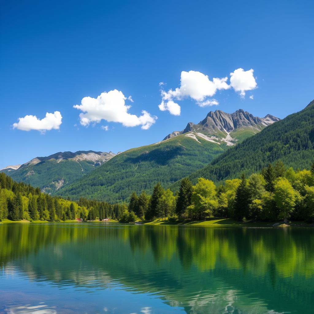 A beautiful landscape featuring a serene lake surrounded by lush green trees and majestic mountains in the background