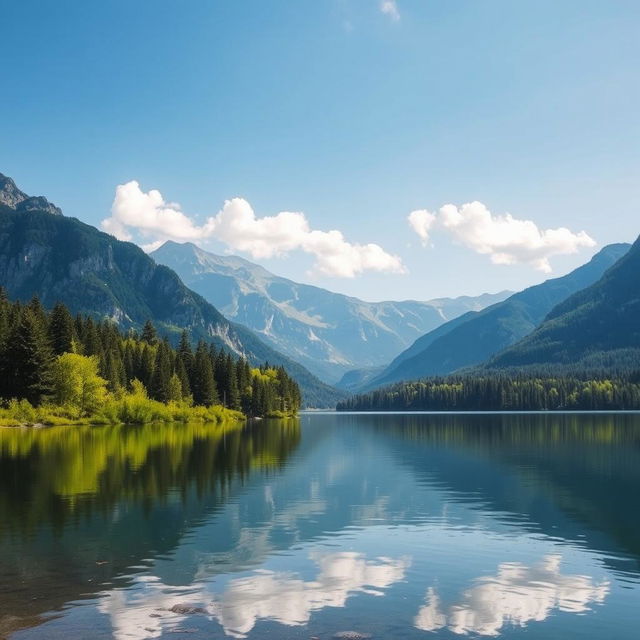 A beautiful landscape featuring a serene lake surrounded by lush green trees and majestic mountains in the background