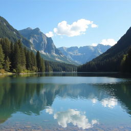 A beautiful landscape featuring a serene lake surrounded by lush green trees and majestic mountains in the background