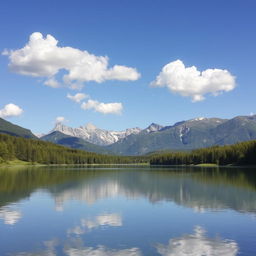 A beautiful landscape featuring a serene lake surrounded by lush green trees and majestic mountains in the background