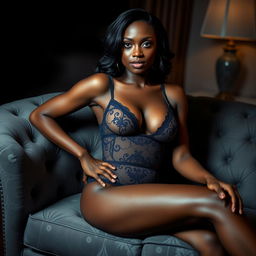 A confident black woman sitting on a sofa, wearing stylish and elegant lingerie