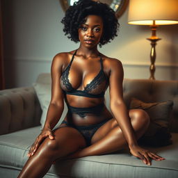 A confident black woman sitting on a sofa, wearing stylish and elegant lingerie