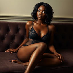 A confident black woman sitting on a sofa, wearing stylish and elegant lingerie