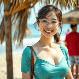 A full view, push-pull shot, HDR portrait of a smiling and charming young woman in a lifestyle photo