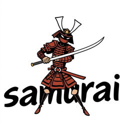 A stickman samurai in traditional samurai armor, wielding a katana, slicing through the word 'samurai' written in bold letters