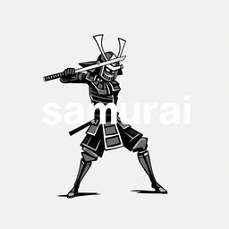 A stickman samurai in traditional samurai armor, wielding a katana, slicing through the word 'samurai' written in bold letters