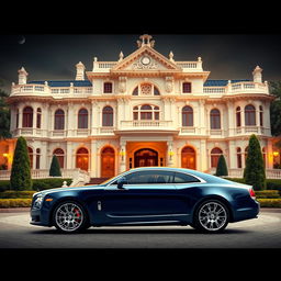 A luxurious background featuring a mansion and an expensive car