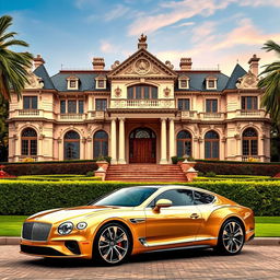 A luxurious background featuring a mansion and an expensive car