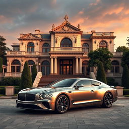 A luxurious background featuring a mansion and an expensive car