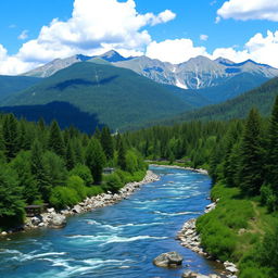 A serene landscape with a river flowing through a lush green forest, mountains in the background, and a clear blue sky with fluffy white clouds