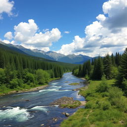 A serene landscape with a river flowing through a lush green forest, mountains in the background, and a clear blue sky with fluffy white clouds