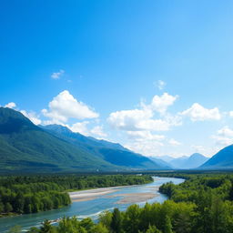 A serene landscape with a river flowing through a lush green forest, mountains in the background, and a clear blue sky with fluffy white clouds