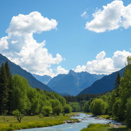 A serene landscape with a river flowing through a lush green forest, mountains in the background, and a clear blue sky with fluffy white clouds