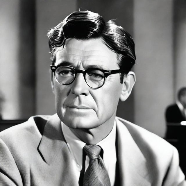 A classic portrait of Atticus Finch as portrayed by Gregory Peck in the film adaptation of 'To Kill a Mockingbird