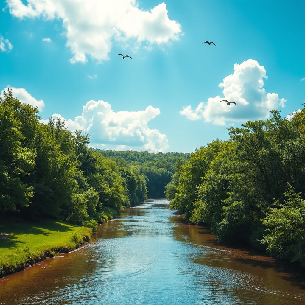 A serene landscape featuring a lush green forest, a calm river flowing through it, and a bright blue sky with fluffy white clouds