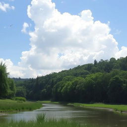 A serene landscape featuring a lush green forest, a calm river flowing through it, and a bright blue sky with fluffy white clouds