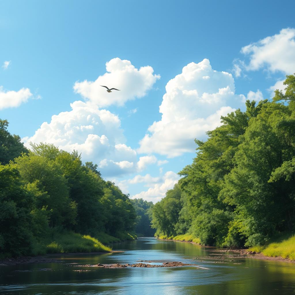 A serene landscape featuring a lush green forest, a calm river flowing through it, and a bright blue sky with fluffy white clouds