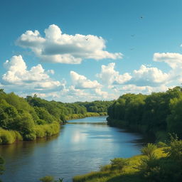 A serene landscape featuring a lush green forest, a calm river flowing through it, and a bright blue sky with fluffy white clouds