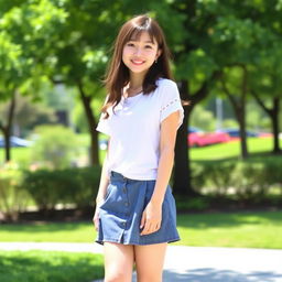 A girl wearing a short skirt, standing in a casual pose