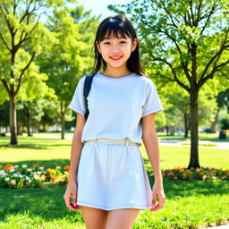 A girl wearing a short skirt, standing in a casual pose