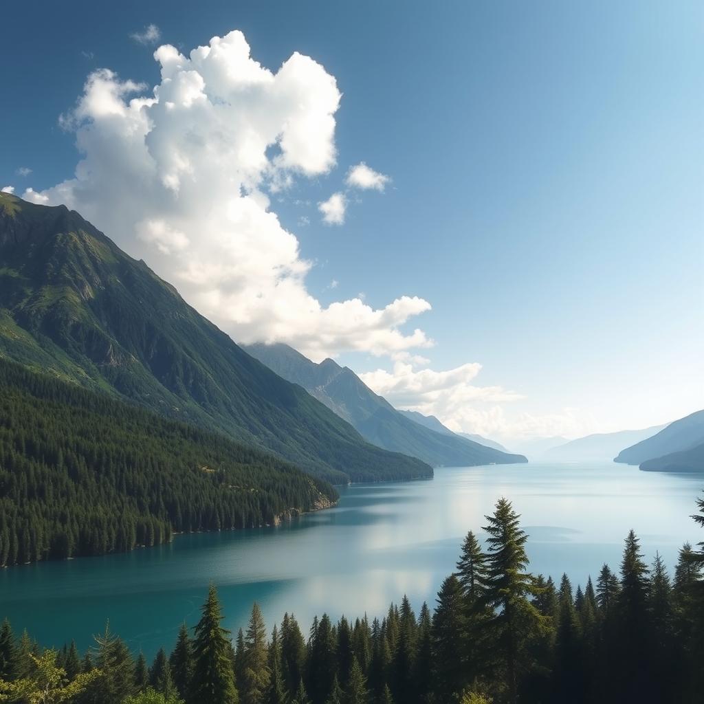 A beautiful landscape featuring a serene lake surrounded by lush green forests and majestic mountains in the background